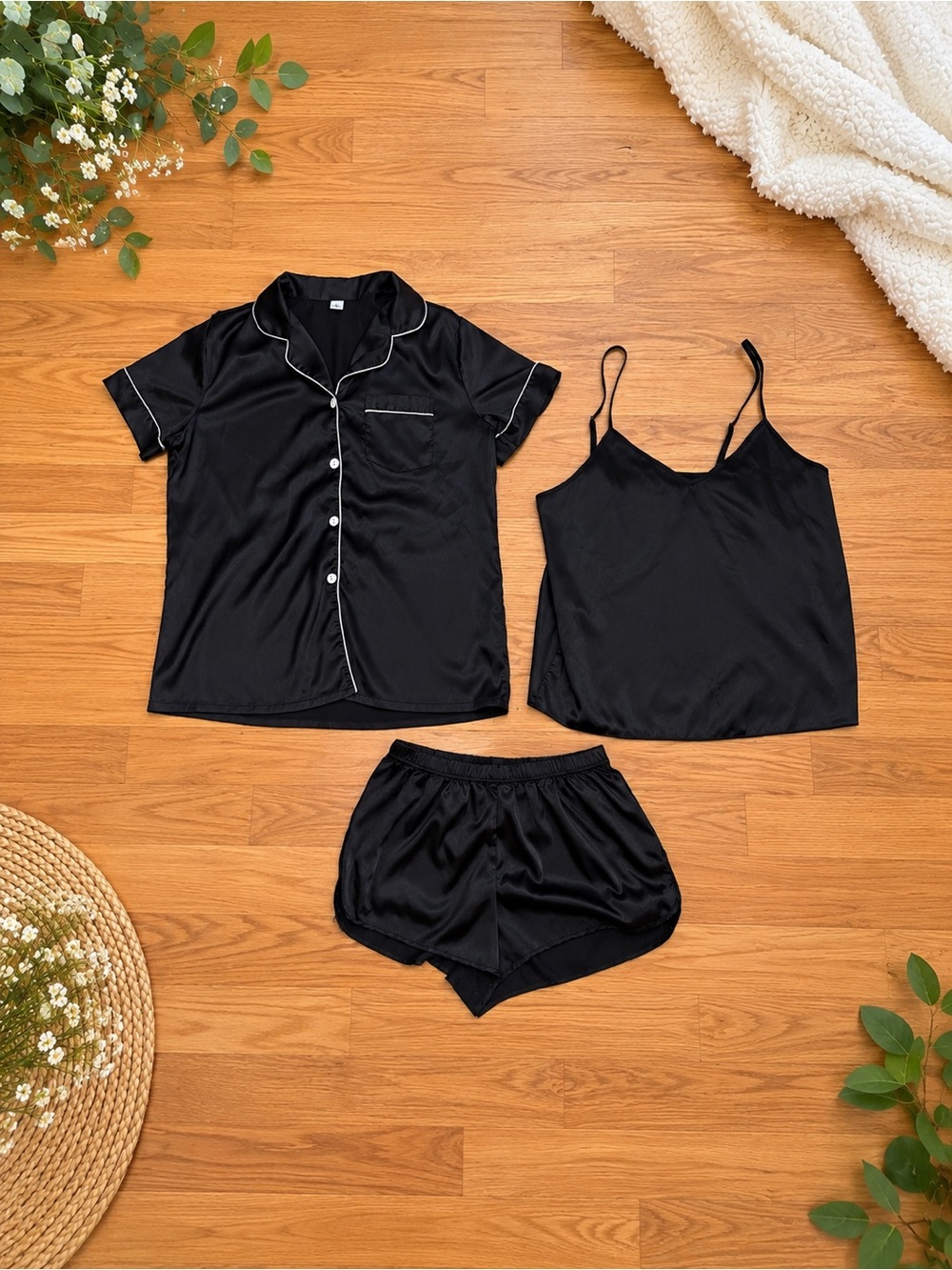 Black Satin 3-Piece Women's Sleep Set - Classic Pajama Shirt, Cami & Shorts
